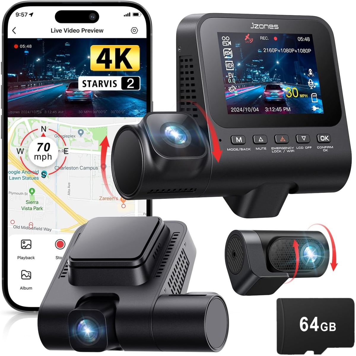 Dash Cam Front and Rear, 4K+1080P+1080P 3 Channel Dash Camera for Cars, STARVIS 2 Sensor Dash Camera with HDR Night Vision, 24H Parking Mode Car Camera with GPS, Free 64GB Card